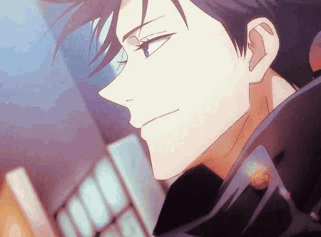 a close up of a anime character 's face with a smile on his face