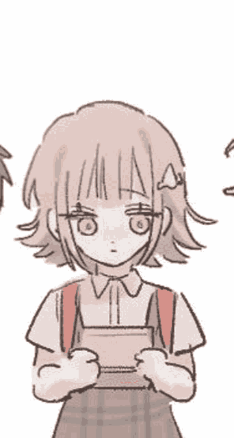 a drawing of a girl with short hair holding a pink box .