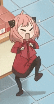 a cartoon girl with pink hair and black ears is standing on one leg on a tiled floor .