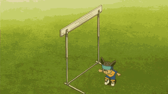 a boy in a cowboy hat is jumping over a hurdle on a grassy field