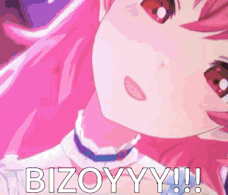 a close up of a pink anime girl with the words bizoyyy written on the bottom