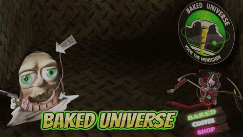 an ad for baked universe shows a cartoon character and a logo