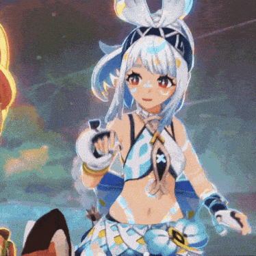a girl in a blue and white outfit with a x on her chest