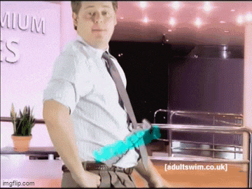 a man in a white shirt and tie stands in front of a sign that says adultswim.co.uk