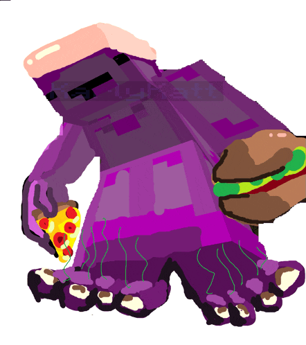 a cartoon drawing of a purple monster holding a sandwich and a pizza
