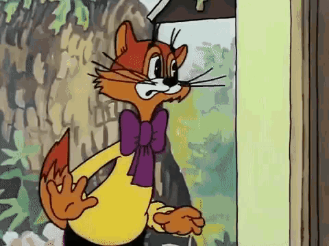 a cartoon cat wearing a bow tie is standing in front of a door .