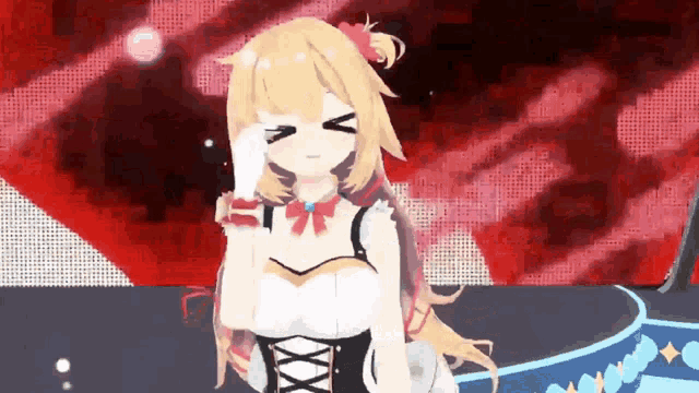 a 3d anime girl is standing on a stage with her eyes closed and a red background .