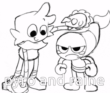 a black and white drawing of two cartoon characters with the words pyro and raine above them