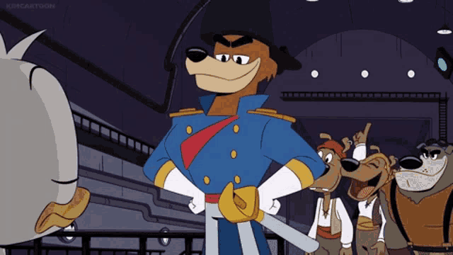 a group of cartoon characters are standing next to each other and one of them is wearing a military uniform