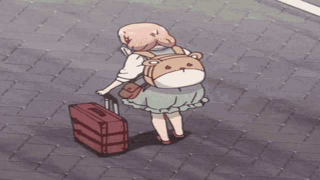 a girl with a teddy bear on her back pulls a suitcase