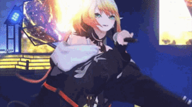 a cartoon character is holding a microphone in front of a fireball