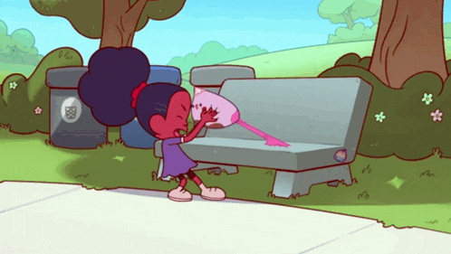 a cartoon of a girl standing next to a bench with a trash can that says bb on it