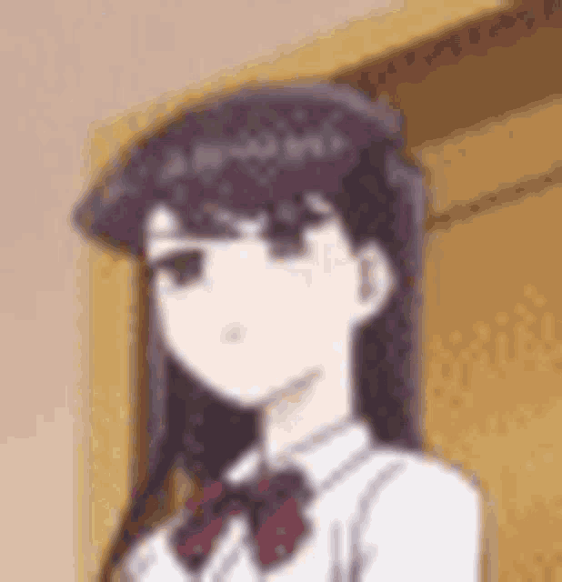 a blurred image of a girl with long black hair and a bow tie .