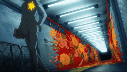a man with a star on his chest walks through a tunnel with flowers painted on the wall and a sign that says 5