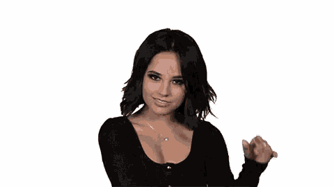 a woman in a black top is holding her hair and asking what 's up ?