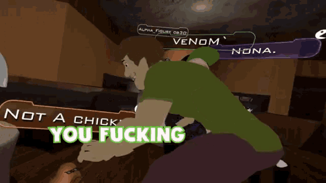 a cartoon character with the words not a chicken you fucking