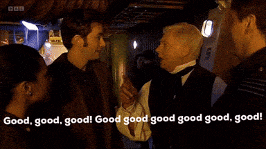 a group of people are standing in a room with the words good good good good good good good written on the bottom