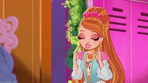 a cartoon girl is standing in front of a pink locker and looking at herself in the mirror .