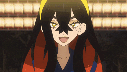 a close up of a cartoon character with long black hair