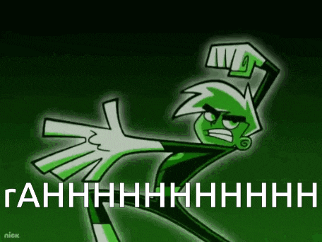 a cartoon character is standing in front of a green background with the words `` ahhhhhhhhhh '' written on it .