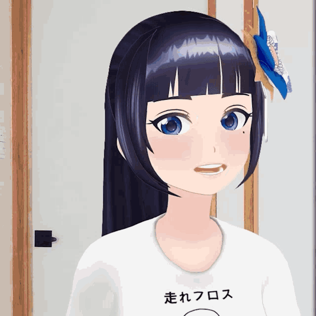 a girl wearing a white t-shirt with japanese writing on it