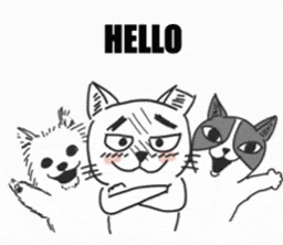 a black and white drawing of three cats and a dog with the words hello above them