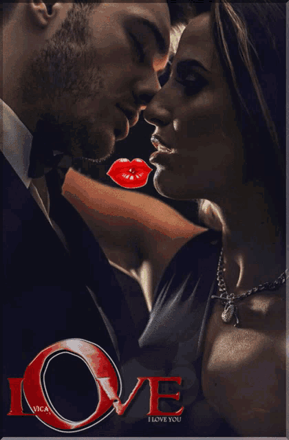 a poster of a man and woman kissing with the words love i love you on the bottom