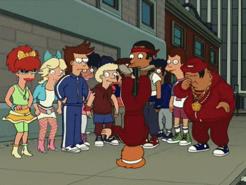 a group of cartoon characters are standing on a sidewalk including a man doing a handstand