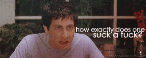 a man sitting at a table with the words " how exactly does one suck a fuck " written above him