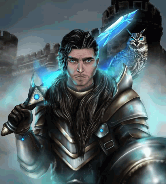 a man in armor holding a sword with an owl on his shoulder