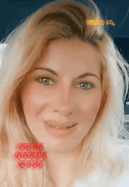 a close up of a woman 's face with the words anna maria mono on the bottom right