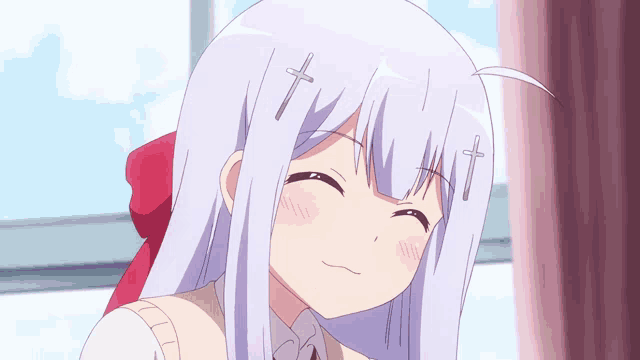 a girl with white hair has crosses on her hair
