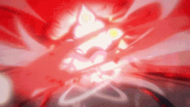 a close up of a person 's face with a red background and a glowing light coming out of it .