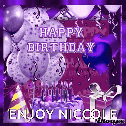 a purple birthday card with a cake and balloons says happy birthday enjoy nicole
