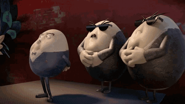 three cartoon eggs are standing next to each other and one has sunglasses on