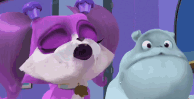 a cartoon dog and a cartoon hippo are standing next to each other and looking at each other .