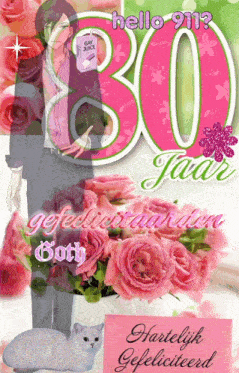 a 30 year greeting card with a cat and roses