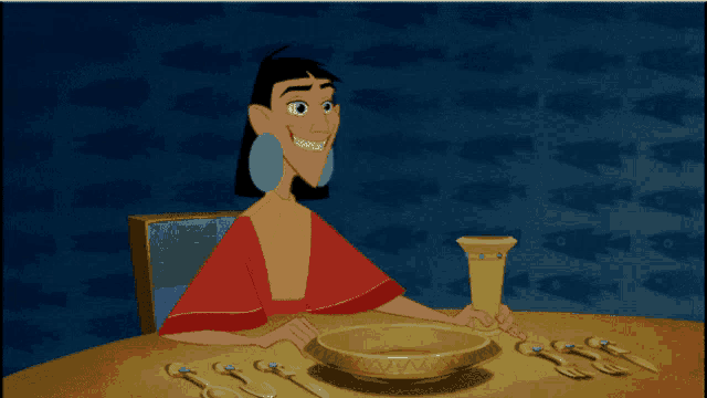 a cartoon of a woman sitting at a table with a bowl and utensils