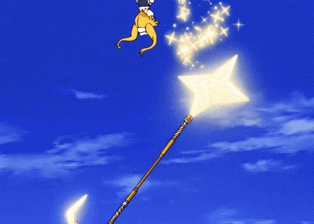 a cartoon of a girl holding a spear with a star in the background