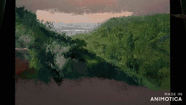 a painting of a landscape with the words made in animotica below it