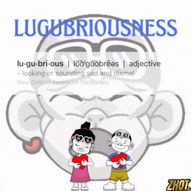 a cartoon of a boy and a girl holding hearts with the word lugubrousness written above them