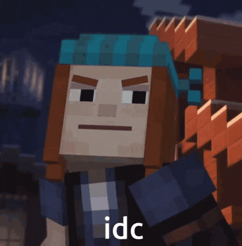 a minecraft character wearing a blue hat says idc on the bottom