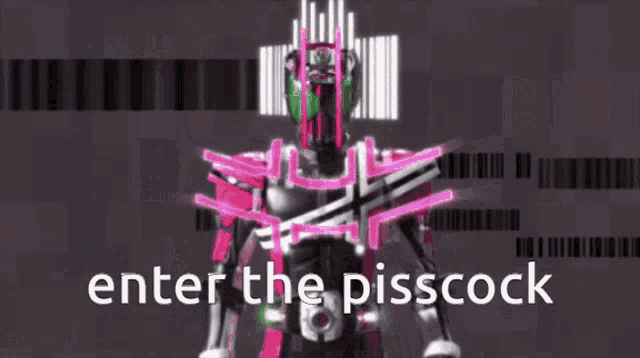 a pink robot with the words `` enter the pisscock '' written on the bottom .
