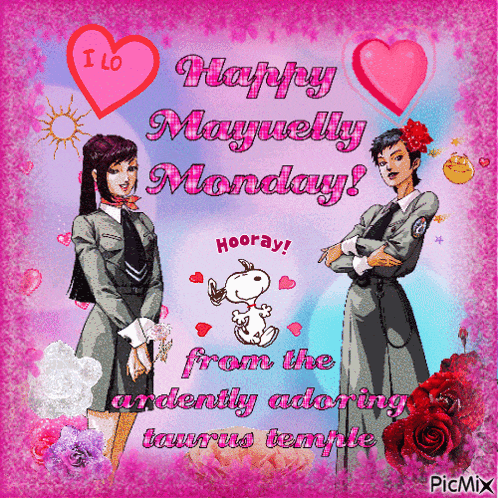 a happy maywelly monday greeting card with two girls and snoopy