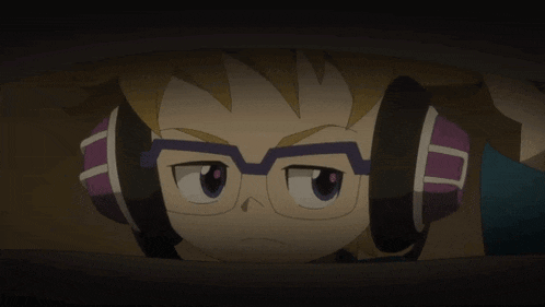 a cartoon character wearing glasses and headphones looks out from behind a blanket