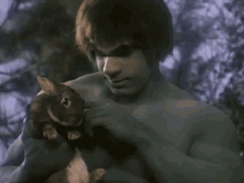 the hulk is holding a small brown rabbit in his hands .