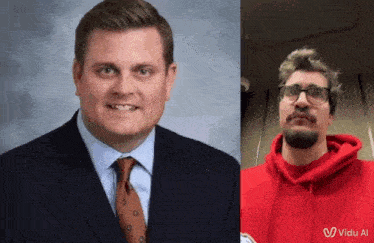 a man in a suit and tie and a man in a red hoodie