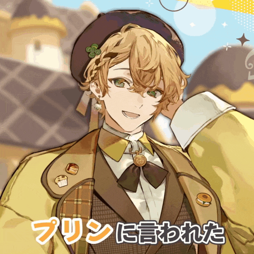 a drawing of a boy wearing a beret and a jacket with foreign writing on it