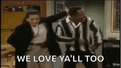 a man and a woman are dancing in a living room with the words `` we love ya 'll too '' written on the screen .