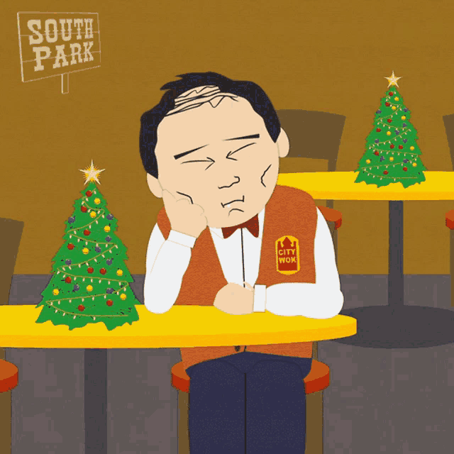 a cartoon of a man wearing a city wok vest sits at a table